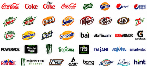 Cold drink brands including Coca-Cola, Pepsi, Sprite, Gatorade, Red Bull, Monster, and more