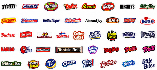 Snack brands including M&Ms, Snickers, Oreo, Doritos, Cheetos, and more